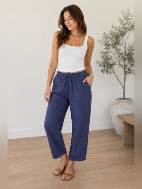 Vilagallo 100% European Washed Linen Navy Blue Drawstring Pants Size M